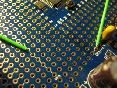 closeup of connecting external 3.3V VDD power to the Parallax Propeller Proto Board
